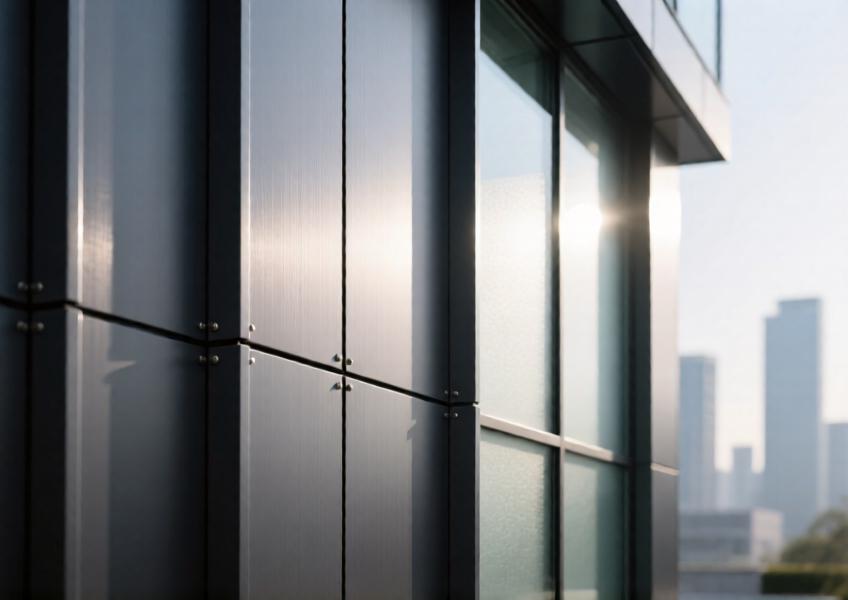 Detailed close-up of charcoal gray anodized aluminum cladding with glass accents, emphasizing texture and construction precision.