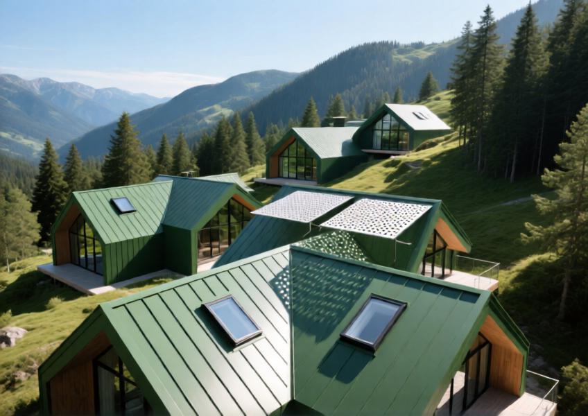 Aerial view of an eco-lodge with matte green aluminium roof cladding blending into a forested mountain landscape.