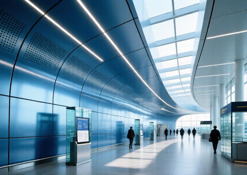 Modern airport terminal with anodized blue perforated aluminum ceiling and wall panels, combining aesthetics, acoustics, and durability in a high-traffic environment.
