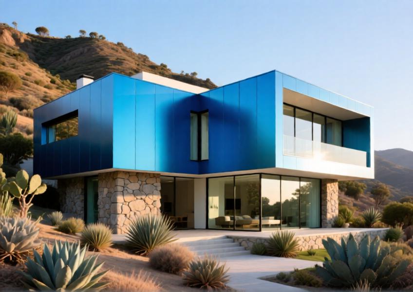 Luxury villa with vibrant anodized blue aluminum accent walls set in a natural hillside environment.