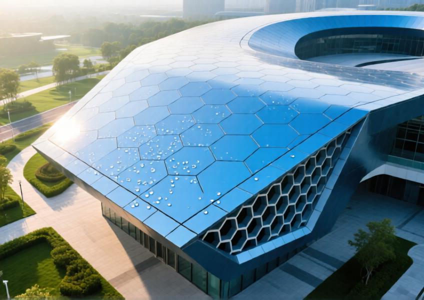 Close-up of anodized blue aluminium honeycomb panel on a curvilinear cultural building