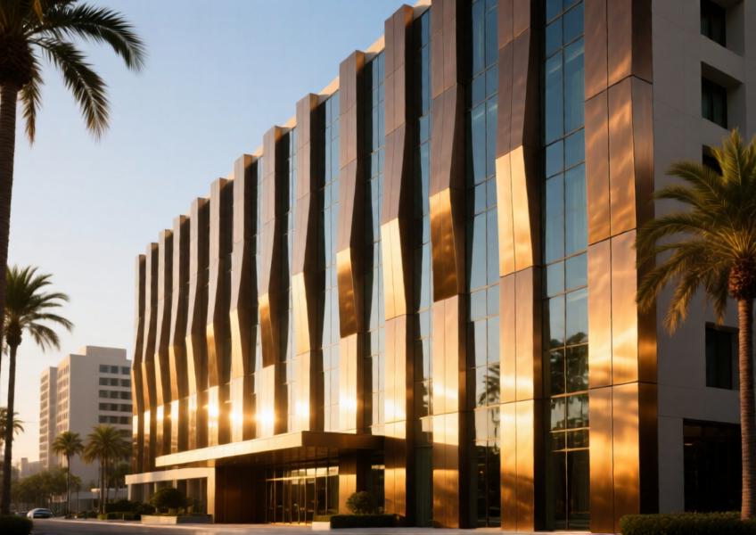 Luxury hotel with anodized bronze aluminum cladding panels under warm sunset light.
