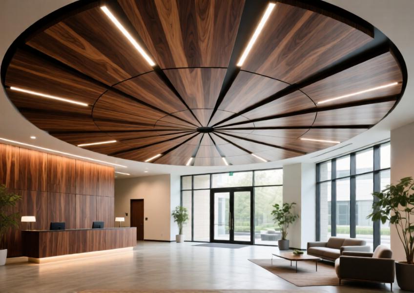 Luxurious interior lobby with radial-patterned aluminum ceiling in walnut wood look, combining natural lighting, acoustic functionality, and modern elegance.