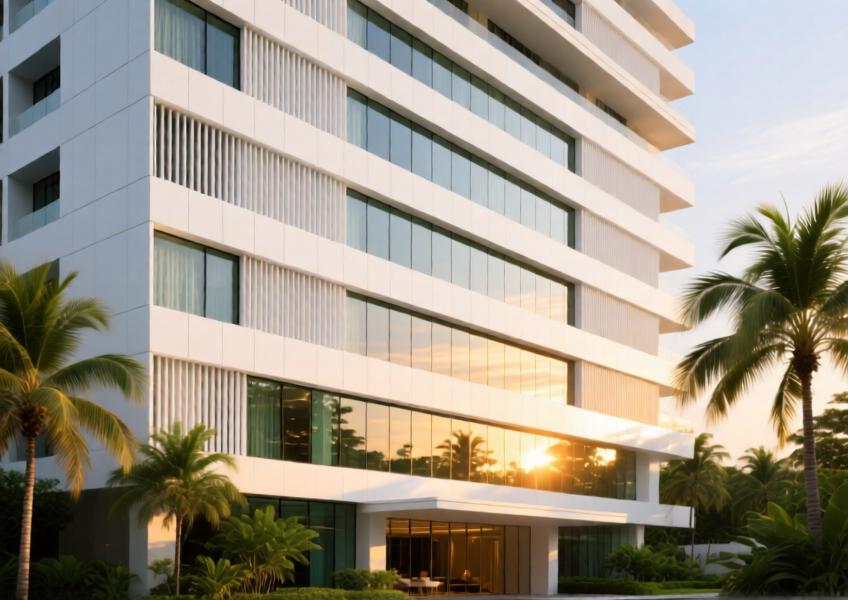 Luxury hotel façade with white matte aluminum cladding and glass curtain walls in a tropical urban setting