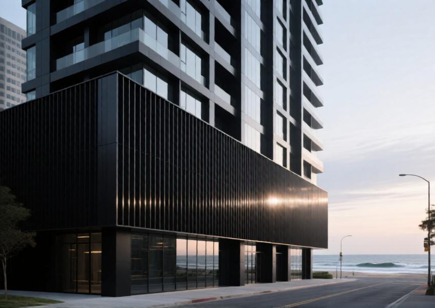 Modern high-rise with matte black aluminum rainscreen in a coastal environment, showcasing durability and sleek design.