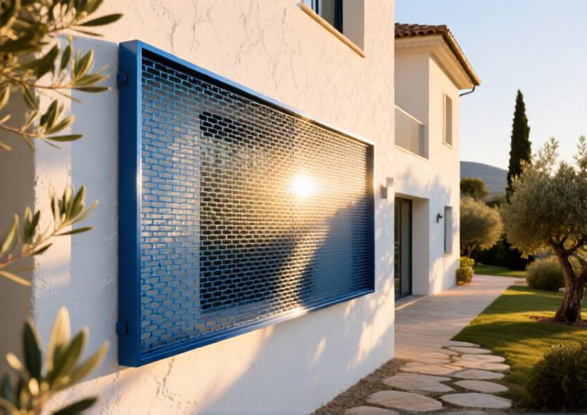 Luxury villa with anodized blue aluminum mesh cladding casting intricate light patterns at sunset.