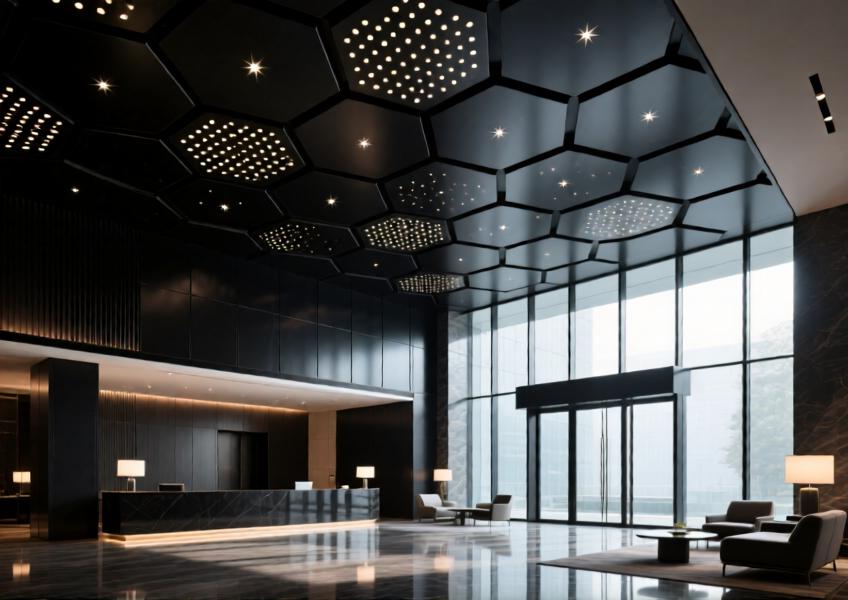 Luxury hotel lobby with matte black aluminum ceiling panels in a geometric design, softly illuminated and integrated into a modern, high-end interior.