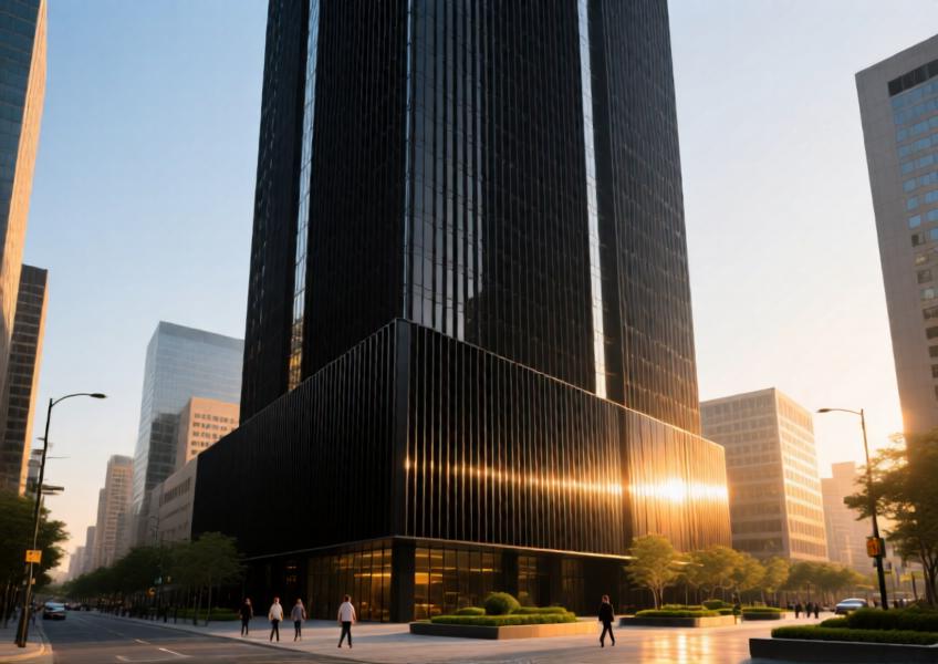 A sleek commercial skyscraper with matte black non combustible aluminium cladding illuminated by golden hour light, highlighting texture and urban integration.