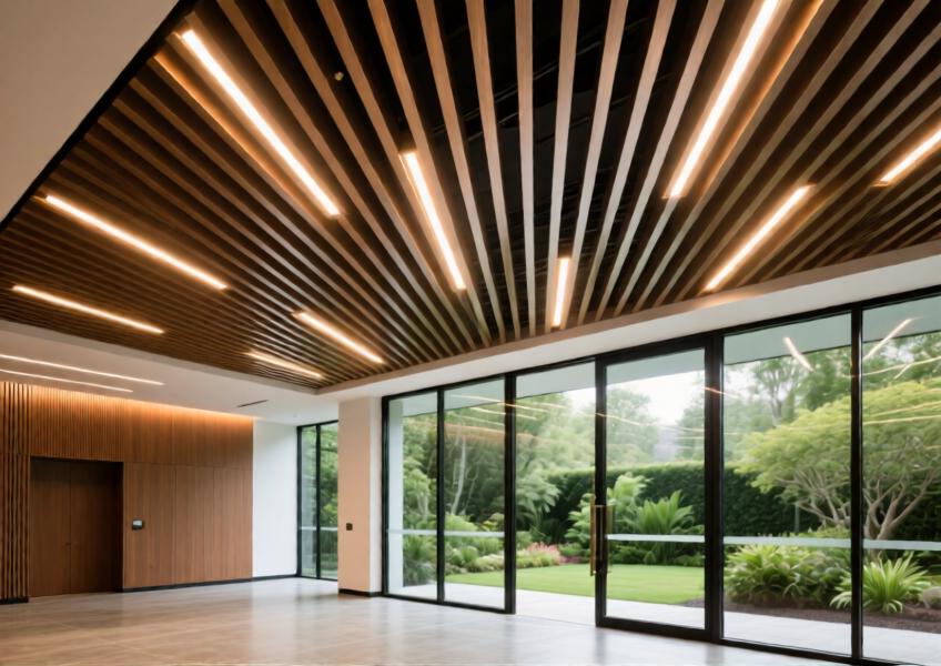 Interior view of a bronze anodized aluminium batten ceiling with integrated LEDs in a modern architectural lobby.