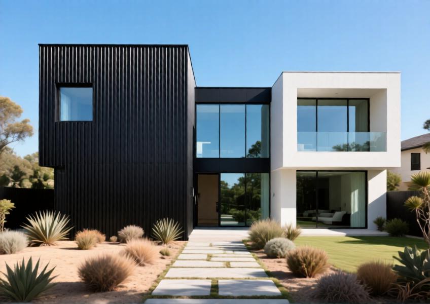 Modern luxury villa with matte black aluminium cladding and expansive glazing in a landscaped setting.