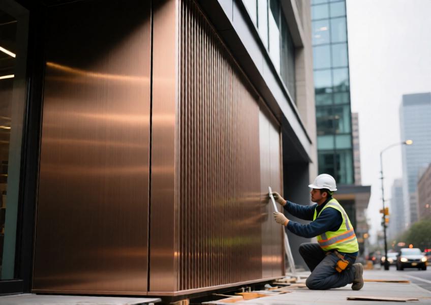 Detailed view of anodized bronze aluminium cladding on a luxury urban building during installation