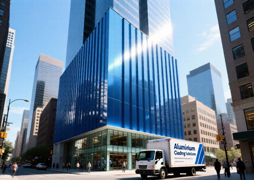 Modern high-rise with anodized blue aluminum cladding in an urban setting, showing real-world application and environmental context.