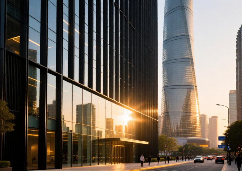 Modern skyscraper with matte black aluminum curtain wall at sunset, showcasing energy-efficient design and urban integration.
