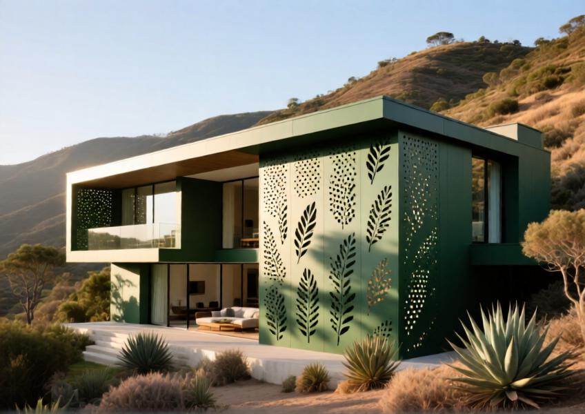 Luxury hillside villa with matte forest green perforated aluminum screens blending architecture with nature.