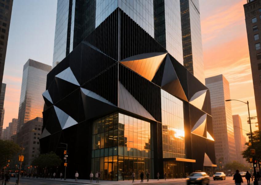 Modern high-rise with matte black aluminium cassette cladding under golden hour lighting, showcasing design precision and urban integration.