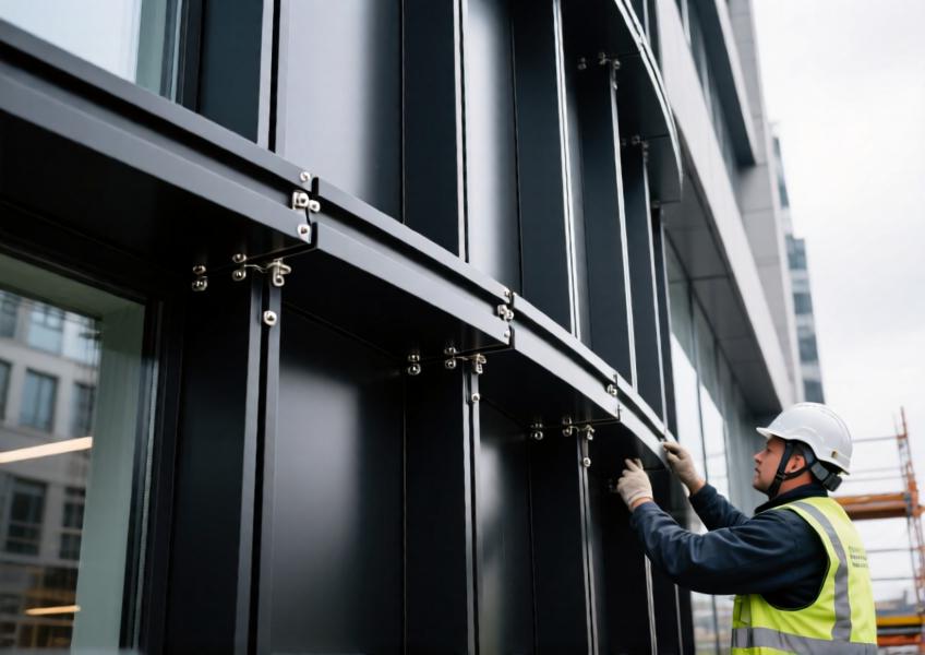 Close-up of a matte black aluminium curtain wall with curved panels and skilled labor during installation