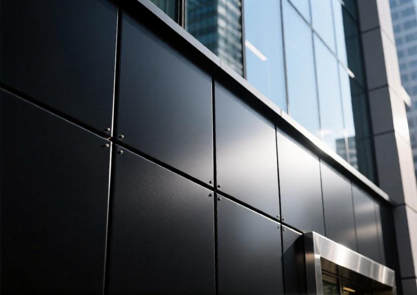 Close-up of matte black anodized aluminum cladding showing texture and precision installation.