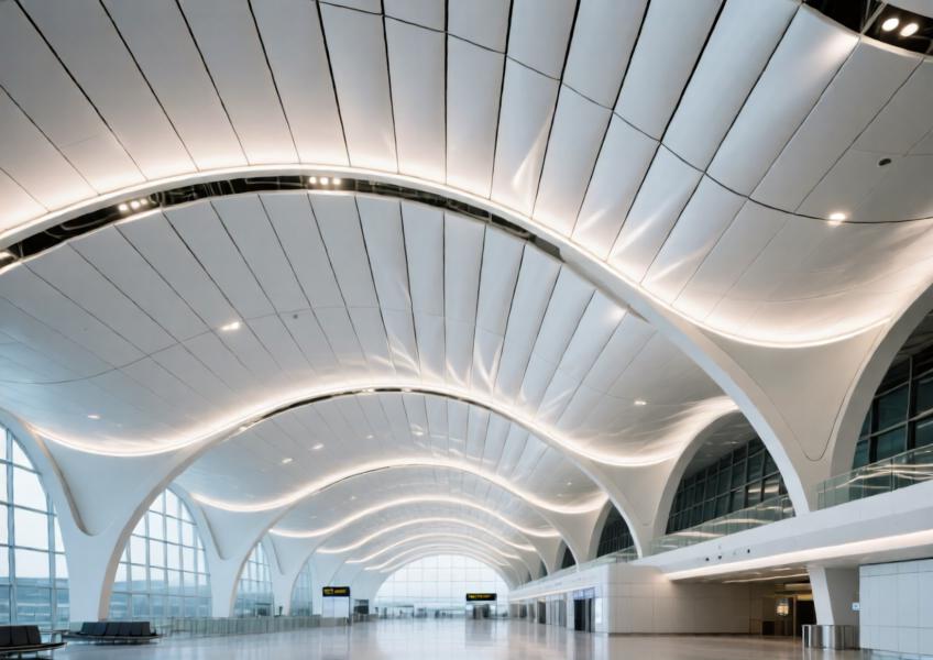 Curved matte white folded aluminum ceiling in a modern airport terminal with integrated lighting.