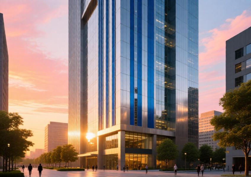 Modern high-rise with anodized blue aluminum cladding and glass curtain walls at sunset.