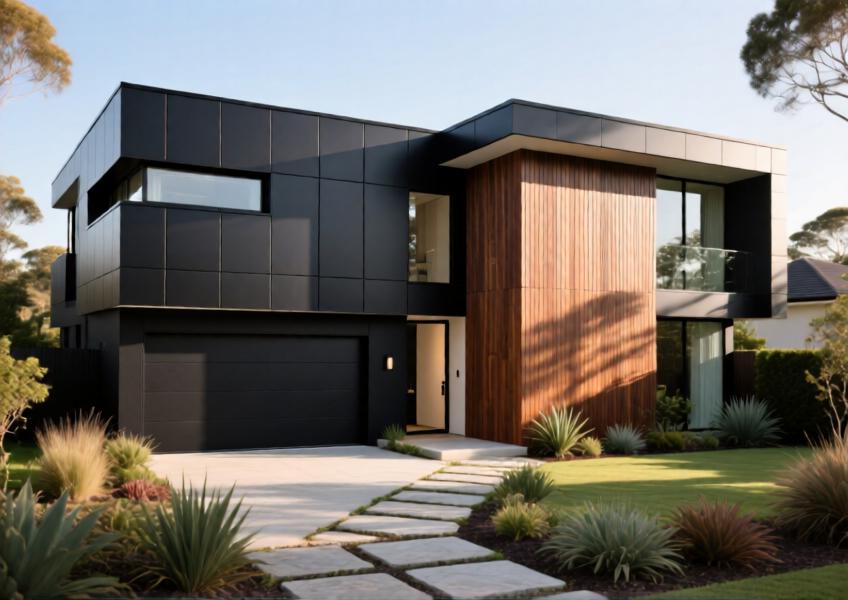 Luxury villa showcasing a sophisticated combination of matte black and wood-grain aluminium cladding for a modern, high-end aesthetic.