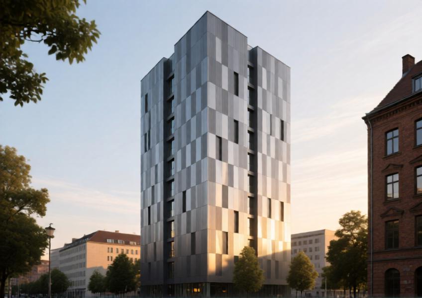 High-rise in Berlin with textured matte grey aluminium cladding blending industrial heritage and modern design