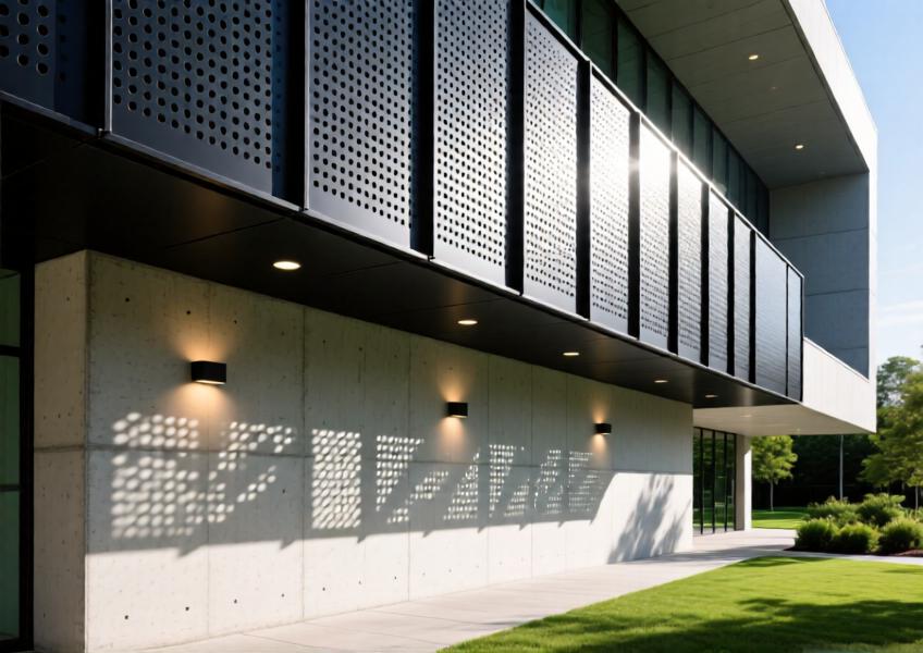 Close-up of matte black perforated aluminum cladding casting artistic shadows in daylight.