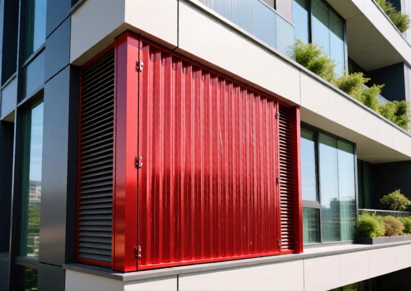 Close-up of vibrant red anodized aluminum rainscreen panel on a luxury tower, showcasing texture, color, and integration with glazing and green elements.