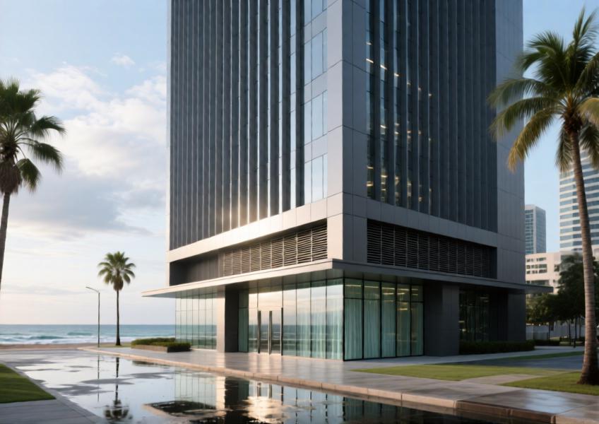 Modern office tower with matte anthracite aluminium rainscreen cladding in a coastal urban setting, showing weather resistance and architectural integration.