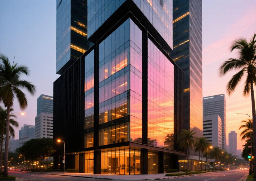 Modern office tower with matte black aluminum curtain walls at sunset in a tropical urban setting.