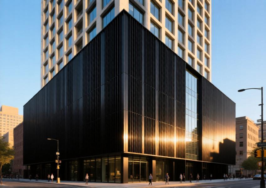 Modern high-rise with matte black aluminum composite cladding under golden hour lighting