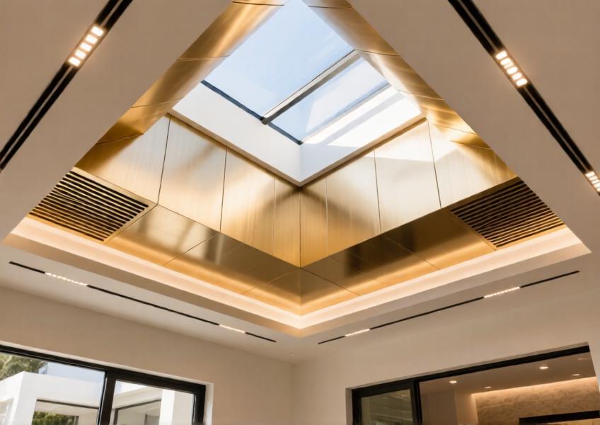 Luxury villa atrium with champagne gold aluminum ceiling and integrated lighting.