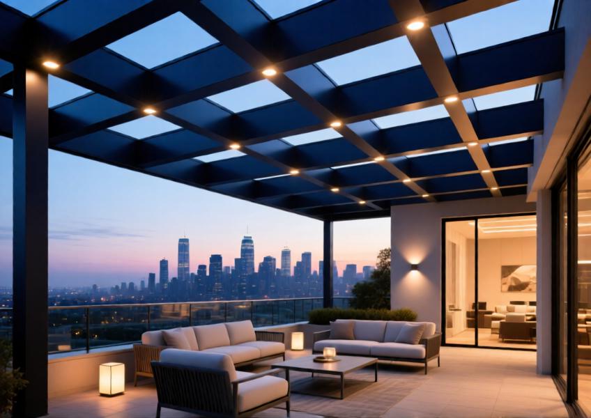Rooftop terrace with navy aluminum ceiling panels and integrated lighting at twilight.