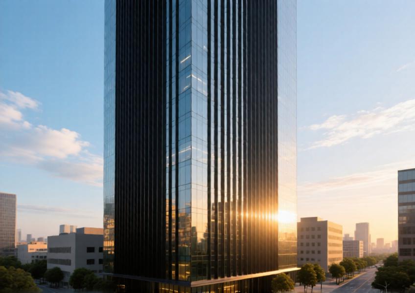 Modern high-rise with matte black anodized aluminum curtain wall at golden hour