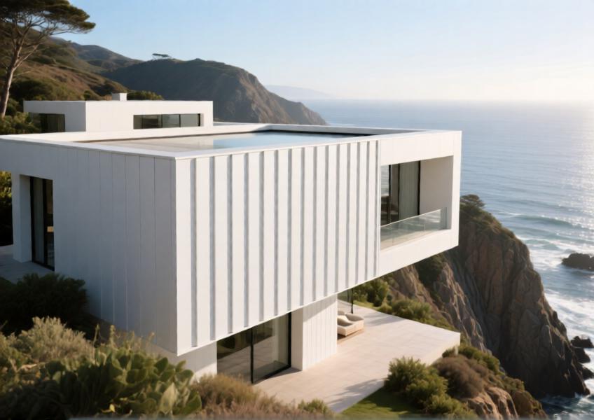 Luxury coastal villa with matte white aluminum batten cladding, set in a dramatic natural landscape under soft morning light.