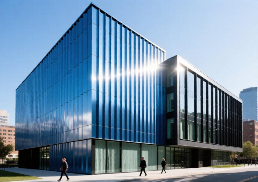A commercial building with anodized blue aluminium shiplap cladding integrated with curtain walls in a modern city environment.