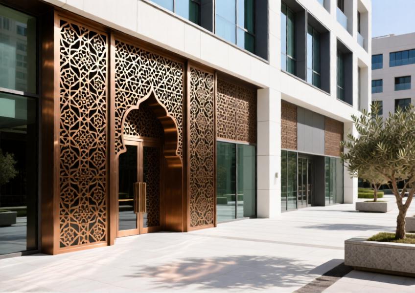 Bronze anodized laser-cut aluminum facade with traditional-inspired geometry casting intricate shadows