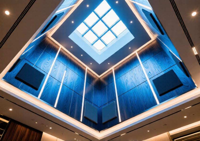 Interior atrium ceiling with anodized blue knotwood aluminium panels integrated with lighting and acoustic elements in a high-end hospitality environment.