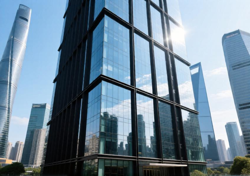 Modern high-rise with matte black anodized aluminum curtain wall in a vibrant urban skyline.