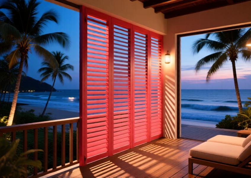 Tropical luxury villa with coral-red aluminum louvers casting dramatic shadows at dusk.