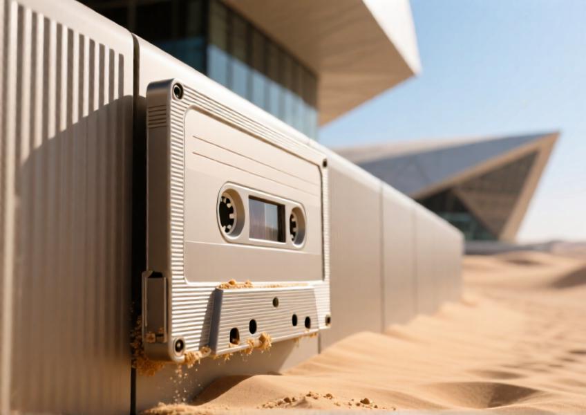 Close-up of matte sand-colored aluminum cassette panels on a Dubai cultural center, showing durability in desert conditions