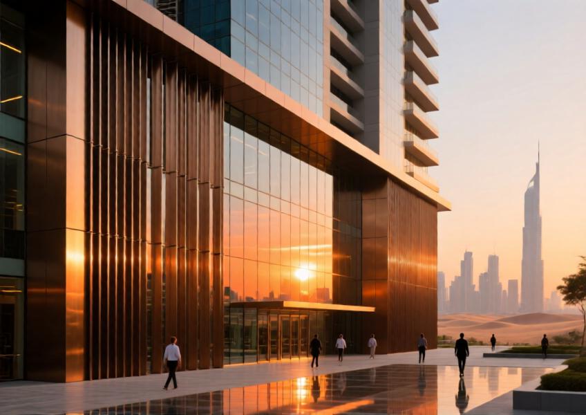 Modern high-rise with bronze-anodized aluminum curtain wall in Dubai at sunset