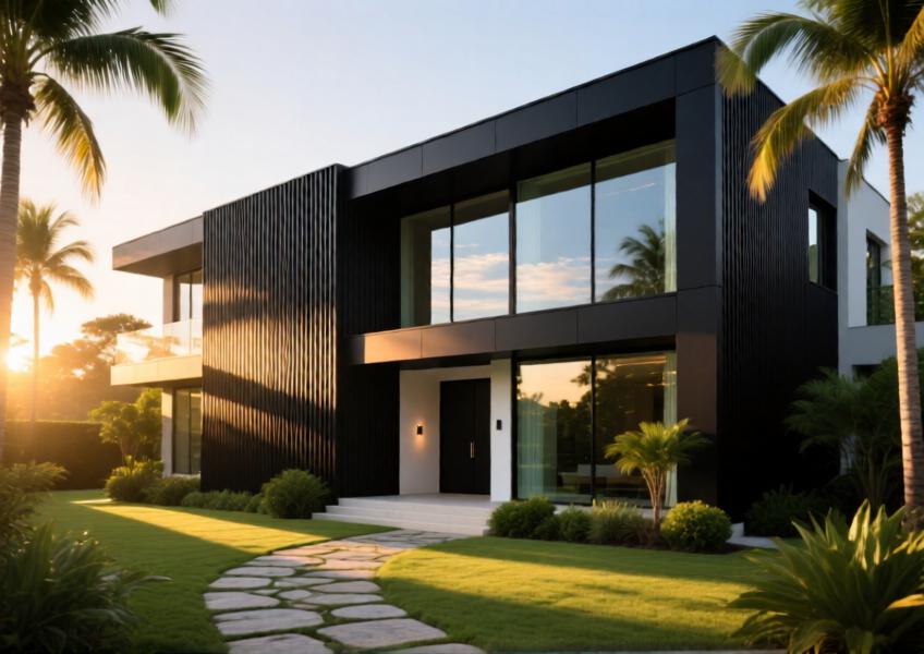 Modern luxury villa with matte black aluminum cladding at sunrise, showcasing sleek design and integration with nature.