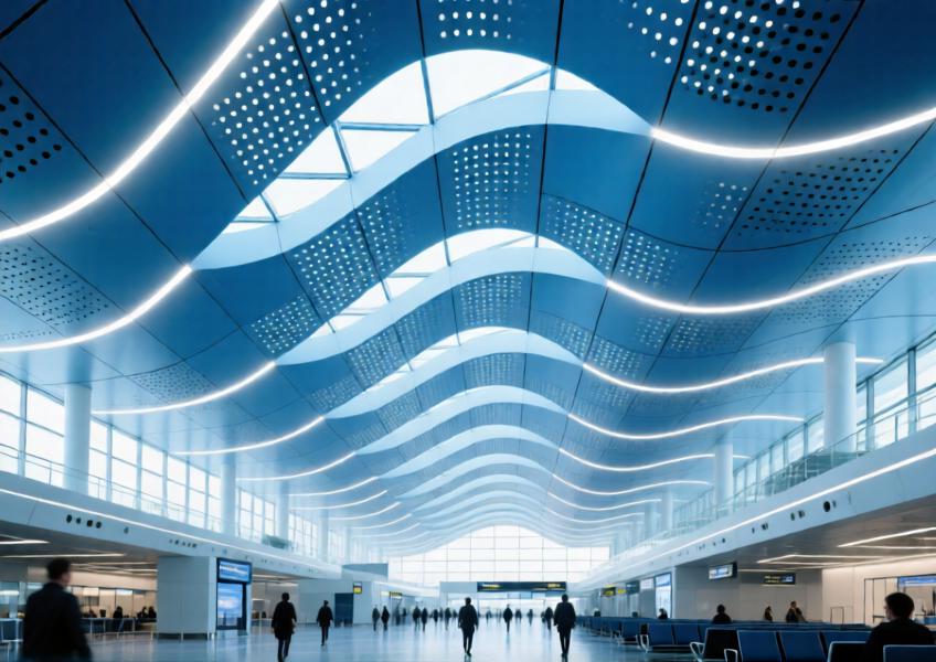 Airport ceiling with anodized blue perforated aluminum panels and integrated LED lighting.