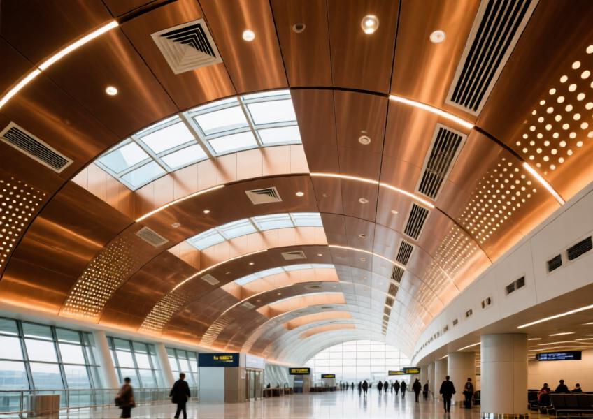 Bronze-toned perforated aluminum ceiling in an airport terminal, combining acoustic functionality with elegant design.