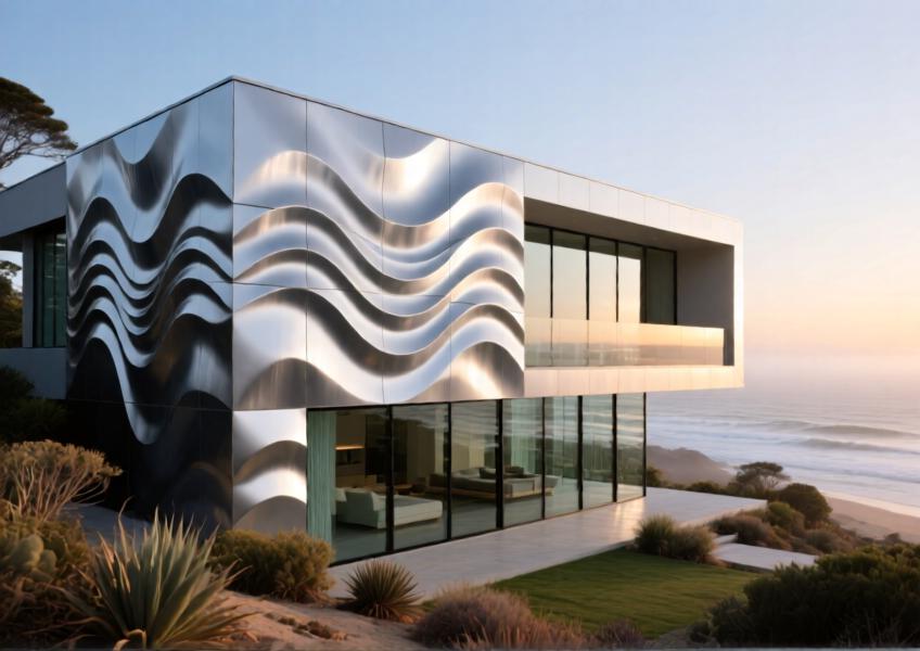 Luxury coastal villa with textured silver-grey pressed aluminium cladding at sunrise.