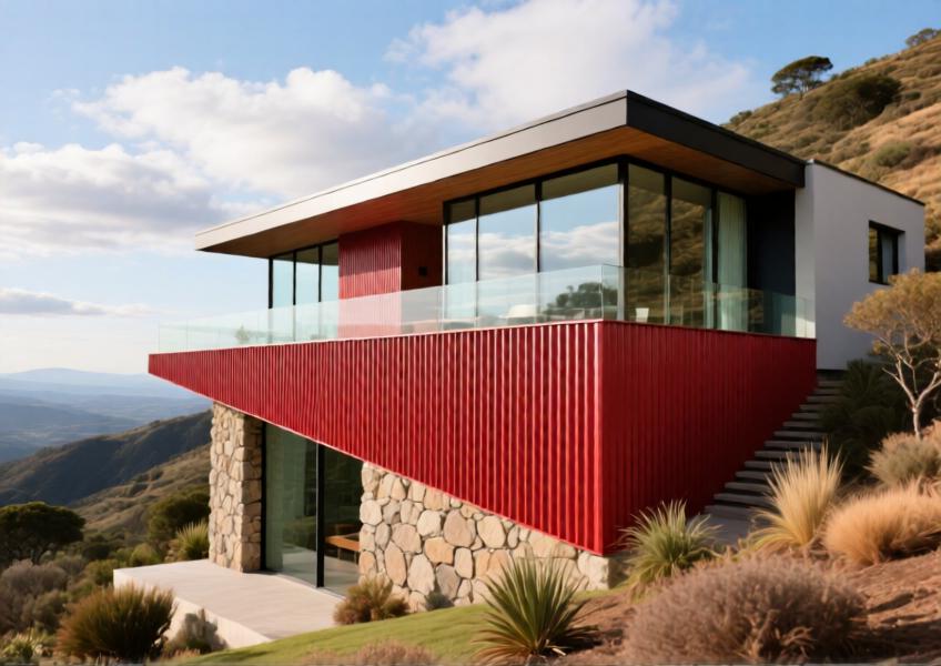 Luxury hillside villa with vibrant red corrugated aluminum cladding integrated into a modern, sustainable design.