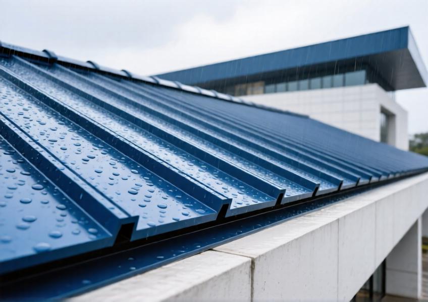 Close-up of anodized blue aluminium roof panels on a curved roof, emphasizing texture, color, and weather performance.