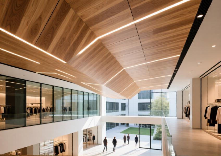Interior atrium with oak-finish aluminum ceiling panels creating a warm, unified aesthetic in a high-end retail space.