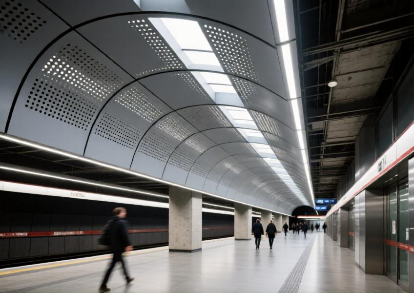 Milan metro station interior with curved matte anodized grey aluminium ceiling panels combining acoustics and wayfinding