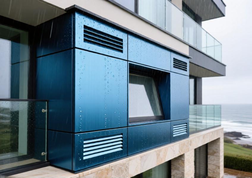 Detailed close-up of anodized blue aluminium cassette cladding showing technical features, water shedding, and integration with other building materials.